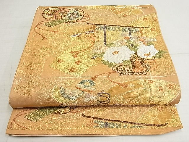 平和屋着物■六通柄袋帯　地紙花楽器文　正絹　逸品　AAAI1194Awj