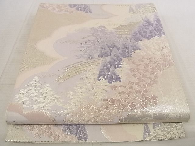 平和屋着物◎六通柄袋帯　吉祥萬代　風景文　銀糸　正絹　逸品　AAAJ2193Aaz