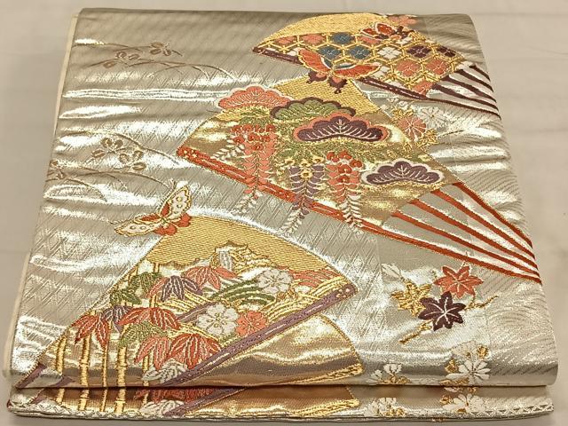 平和屋着物◎六通柄袋帯　唐織　扇面花蝶文　金銀糸　正絹　逸品　CAAV1774qv
