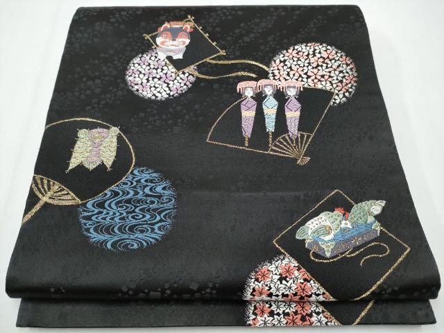 平和屋着物●六通柄袋帯　唐織　万葉染　玩具　扇面花丸文　黒地　金糸　正絹　逸品　CAAX7570hy