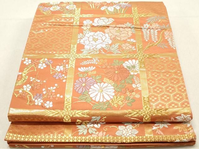 平和屋着物◎六通柄袋帯　唐織　天井草花文　金糸　正絹　逸品　DAAV0919qa
