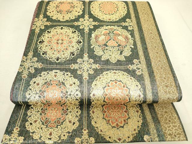 平和屋着物▼両面　六通柄袋帯　正倉院華紋　金糸　正絹　逸品　DAAV5466az