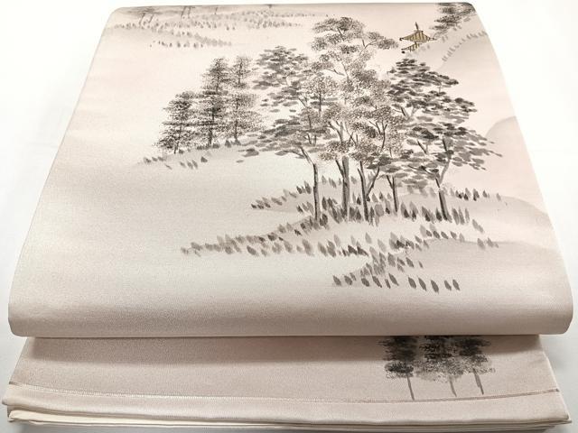 Rakuten - 平和屋着物◎太鼓柄袋帯 手書き 風景文 銀通し地 正絹 逸品 CAAY3963xi