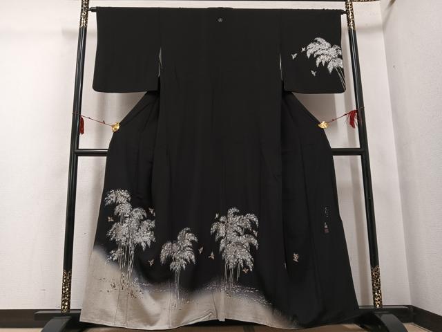 Kimono - 平和屋着物●松尾光琳　訪問着　竹林図　黒地　銀彩　正絹　逸品　AABG5751ph