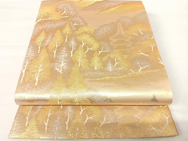 平和屋着物◎六通柄袋帯　風景樹林文　金糸　正絹　逸品　AABA2075yx