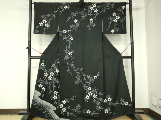 訪問着　フルセット　着物　正絹　総絞り　黒　モノトーン　鳥の手刺繍　G15 楽天市場】総絞り 訪問着の通販