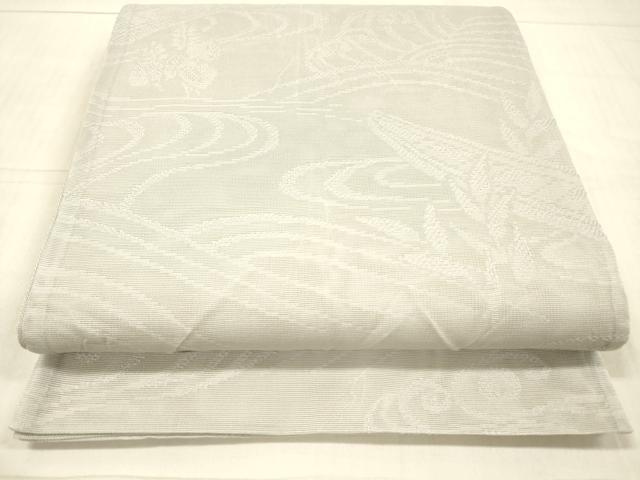 平和屋着物＊夏物　全通柄袋帯　流水草葉舟文　白鼠色　正絹　逸品　DAAW4161cm