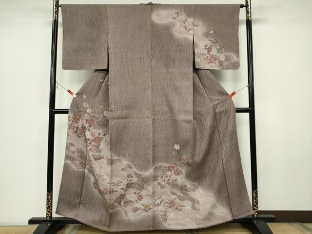 Kimono - 平和屋着物▽訪問着　単衣　舞蝶枝花文　ふくれ織　金彩　正絹　逸品　CAAV0953ou