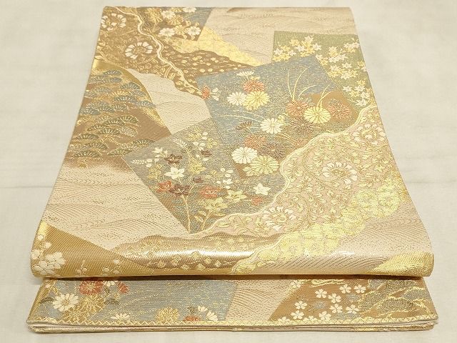 平和屋着物◎六通柄袋帯　色紙道長四季の彩文　金糸　正絹　逸品　AAAM0020Apf