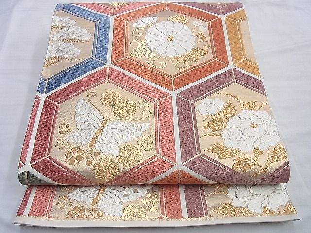 平和屋着物◎全通柄袋帯　唐織　伝統工芸總柄織　亀甲花蝶文　金糸　逸品　BAAG8909du