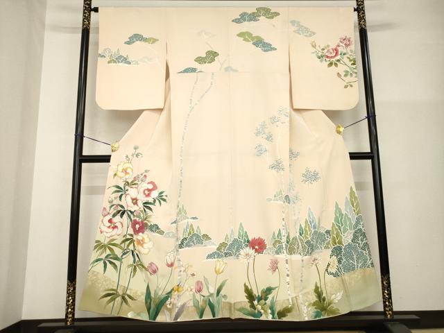 Full-Length Under-Kimono - 平和屋着物●訪問着　駒刺繍　草花文　金彩　正絹　逸品　AABG4934ck