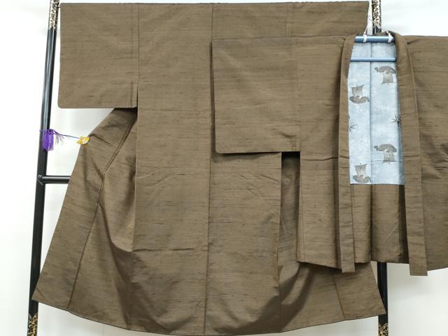 平和屋着物■男性 紬 アンサンブル 色無地 黄枯茶色 正絹 逸品 CAAR5347fb