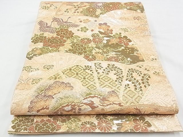 平和屋着物◎六通柄袋帯 唐織 扇面飛鶴花文 金糸 逸品 BAAE9614ns