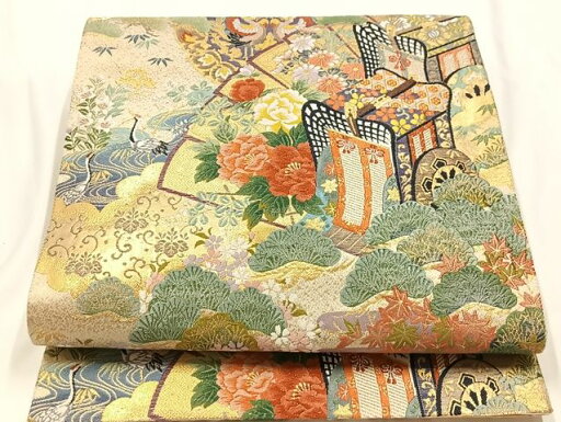 平和屋着物◎六通柄袋帯 唐織 御所車花文 金糸 正絹 逸品 AAAK6603Bsa 平和屋着物◎六通柄袋帯 唐織 御所車花文 金糸 正絹 逸品 AAAK6603Bsa
