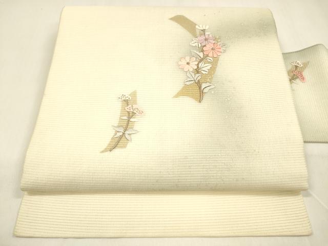 平和屋着物＊夏物　九寸名古屋帯　刺繍　草花文　金銀彩　正絹　逸品　DABA0744cm