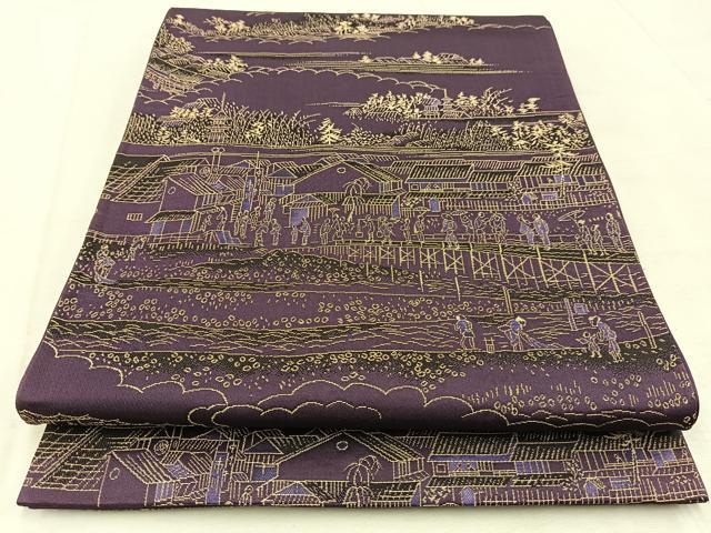 平和屋着物◎六通柄袋帯　人物風景文　金糸　正絹　逸品　BAAU9607yc