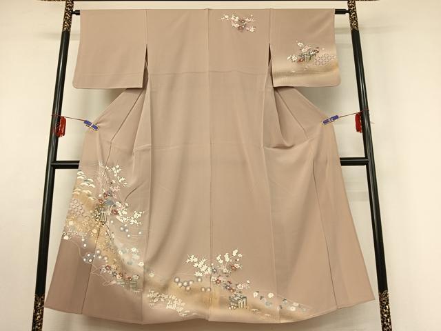 平和屋着物▽訪問着　単衣　御所車花文　暈し染め　金彩　正絹　逸品　AABF0774jh