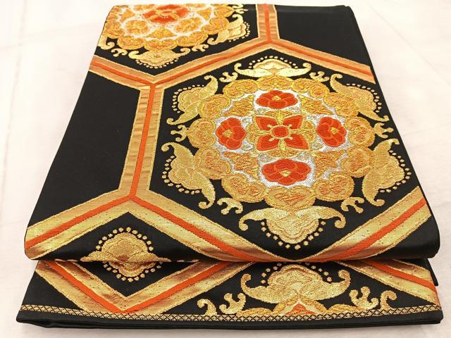 平和屋着物◎六通柄袋帯　唐織　亀甲花文　黒地　金銀糸　正絹　逸品　BAAV4958yc