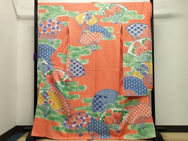 平和屋着物●名門　藤娘きぬたや・総絞り　振袖　エ霞扇面花文　正絹　逸品　CABB0075gh