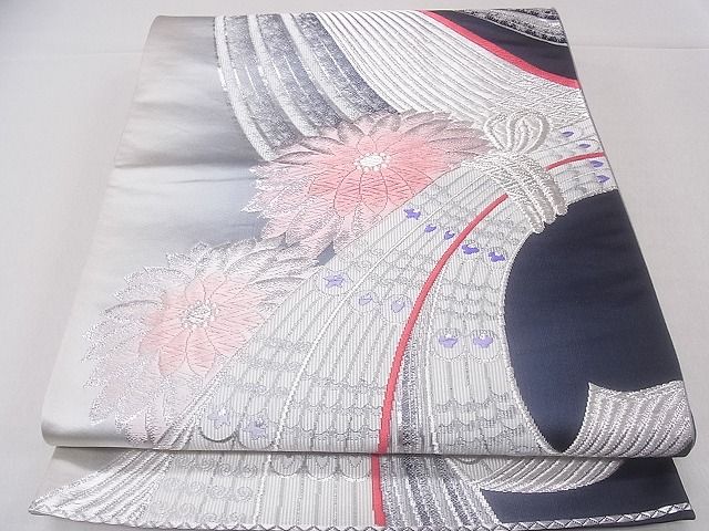平和屋着物◎六通柄袋帯　唐織　束ね熨斗菊文　銀糸　逸品　CAAD9201ev