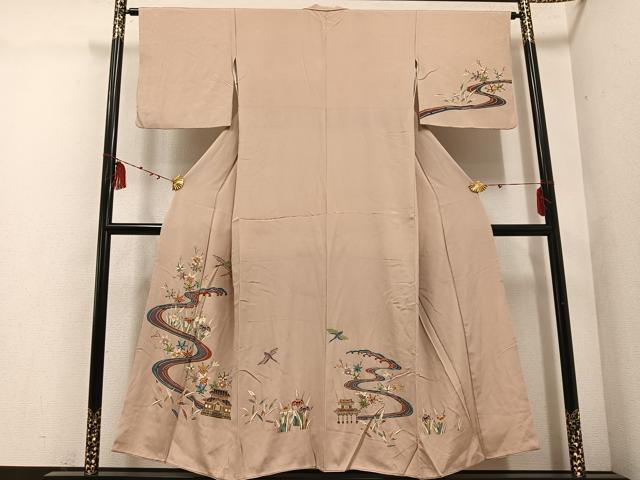 平和屋着物●訪問着　型染め　群れ鶴風景　流水草花　正絹　逸品　AABE0760ph