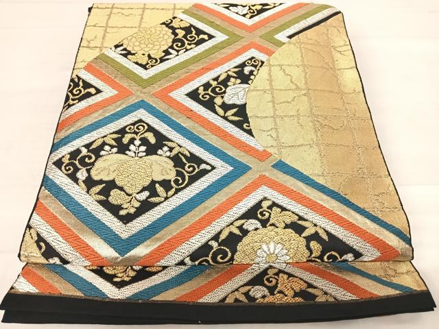 平和屋着物◎六通柄 本袋帯 花菱文 黒地 金銀糸 正絹 逸品 AABE7269yx