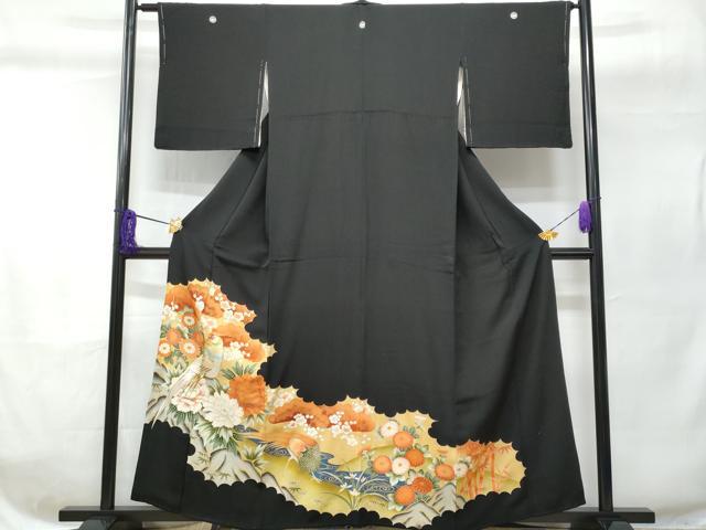 平和屋着物■豪華黒留袖　刺繍　尾長鳥流水松竹梅　金彩　正絹　逸品　CABC8983fb