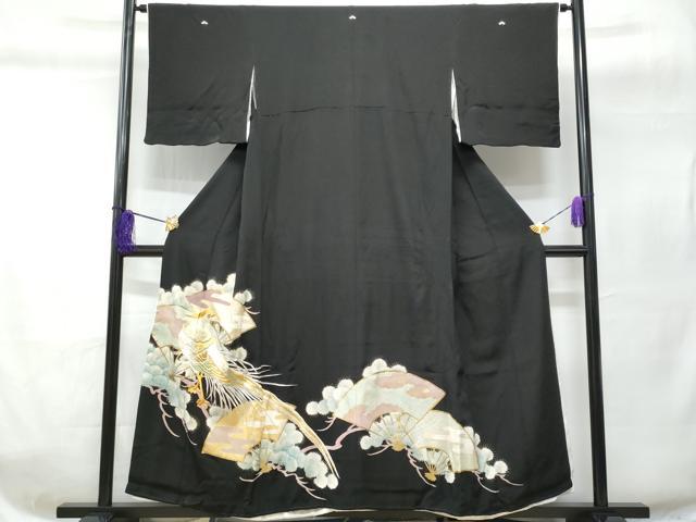 平和屋着物■豪華黒留袖 刺繍 扇面尾長鳥 金銀彩 正絹 逸品 CABC8984fb