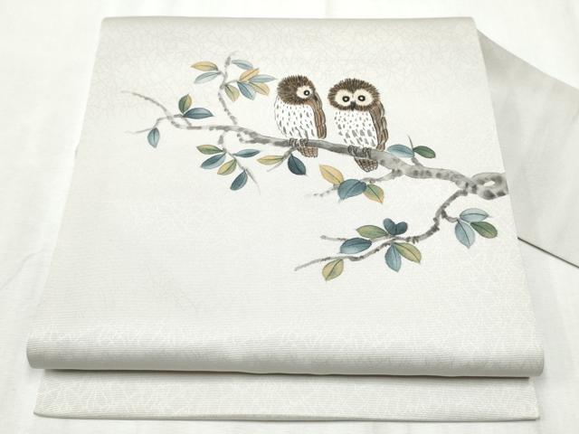 フクロウ刺繍 夏用 袋帯 汚れ無し！白地の帯 白地×ふくろうの群れ 絽