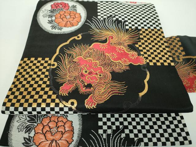 アンティーク帯　名古屋帯　唐獅子　織 牡丹と獅子＊刺繍帯 唐獅子 ボタン 茶繻子 アンティーク名古屋帯 A464