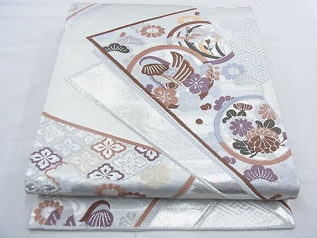 平和屋着物◎六通柄袋帯　唐織　鴛鴦花丸文　銀糸　逸品　BAAE5965jm