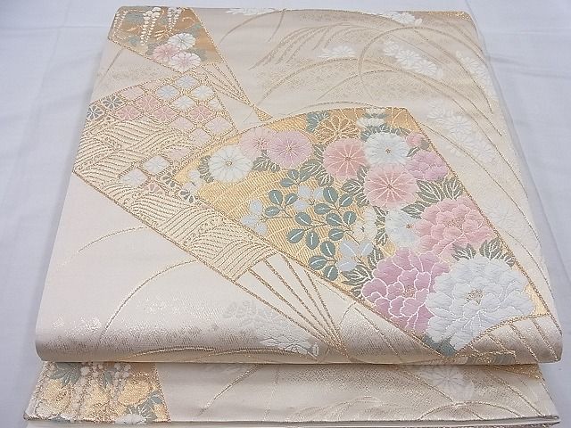 平和屋着物◎六通柄袋帯　唐織　扇面花文　金糸　逸品　BAAF2532ea