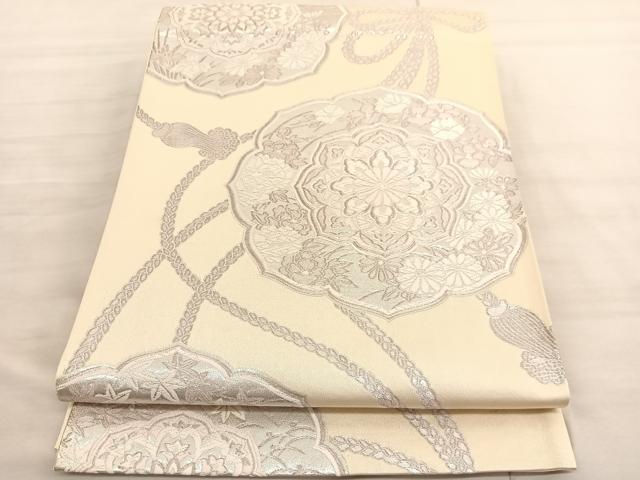 平和屋着物◎六通柄袋帯　唐織　九百緞子　鏡裏花文　銀糸　正絹　逸品　未使用　BAAV3673hv
