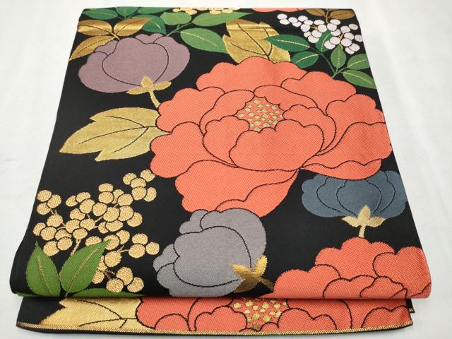 平和屋着物●六通柄　本袋帯　牡丹　黒地　金糸　正絹　逸品　CAAW4552hy