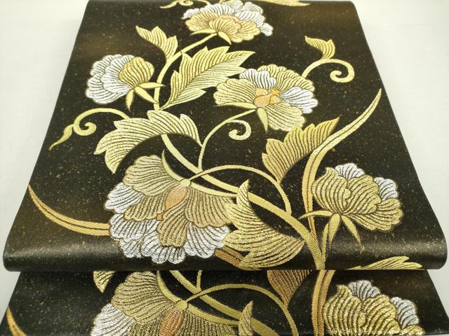 平和屋着物▼六通柄袋帯　更紗花文　黒地　金銀糸　引箔　正絹　逸品　DAAZ0913ps