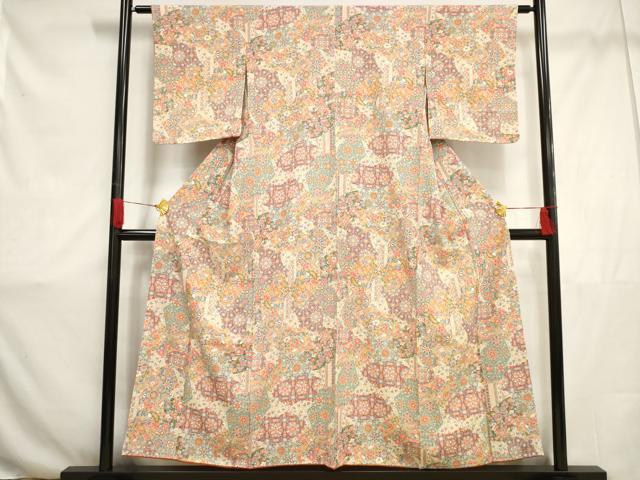 平和屋着物■上質な小紋 地紙重ね人物花鳥文 正絹 逸品 未使用 AAAS9130pf