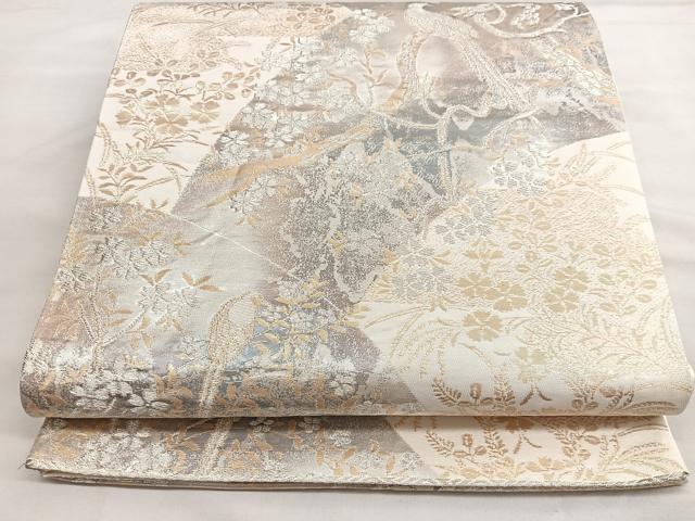 平和屋着物◎六通柄袋帯　休み鳥花文　京洛錦　正絹　逸品　BAAT2900mz