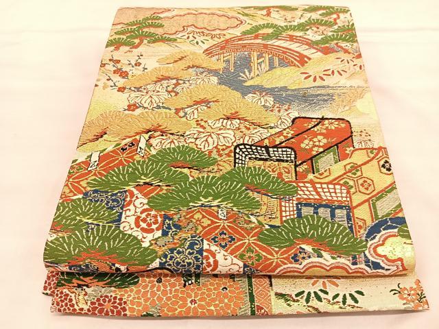 平和屋着物◎アンティーク　大正ロマン　全通柄袋帯　唐織　渡橋浜松文　金糸　正絹　逸品　BAAU4838hv