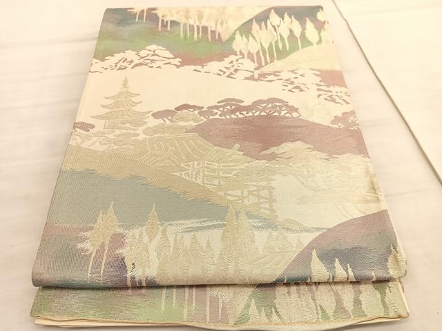平和屋着物◎六通柄袋帯　風景文　金糸　正絹　逸品　BAAV8720hv