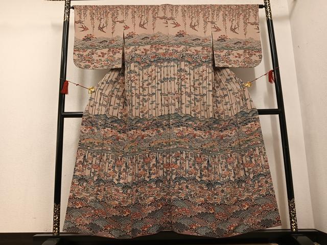 平和屋着物●訪問着　型染め　飛鶴花鳥文　正絹　逸品　AABG6530ph