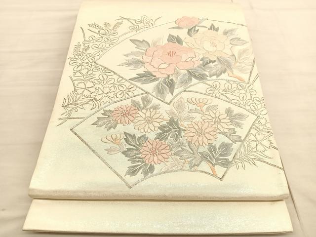 平和屋着物◎太鼓柄袋帯　総刺繍　駒刺繍　地紙花文　引箔　正絹　逸品　BAAV3684hv