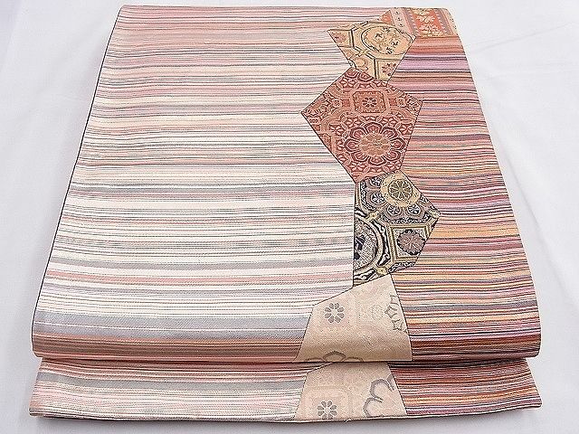 平和屋着物◎太鼓柄袋帯　切嵌　吉祥花文　金糸　逸品　BAAE9267hz