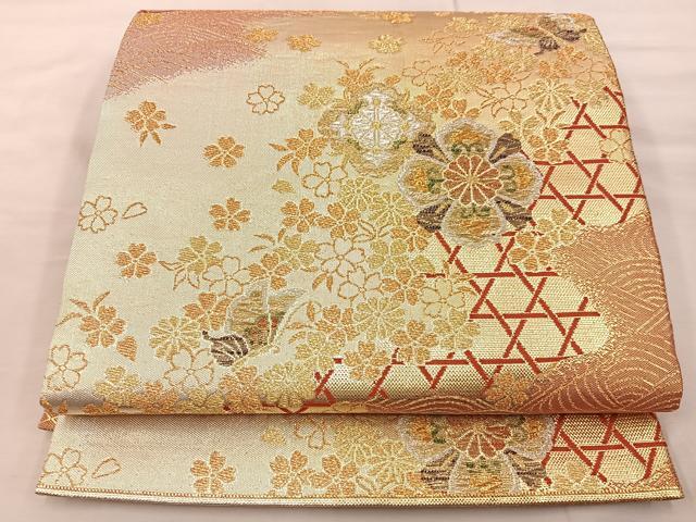 平和屋着物◎六通柄袋帯　舞蝶花文　金糸　正絹　逸品　BAAT9572mz