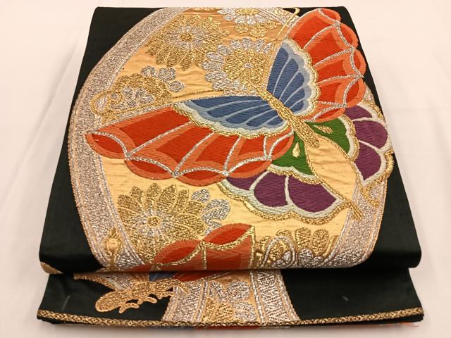 Other - 平和屋着物◎六通柄袋帯　唐織　立涌花蝶文　黒地　金銀糸　正絹　逸品　BAAV2843hj