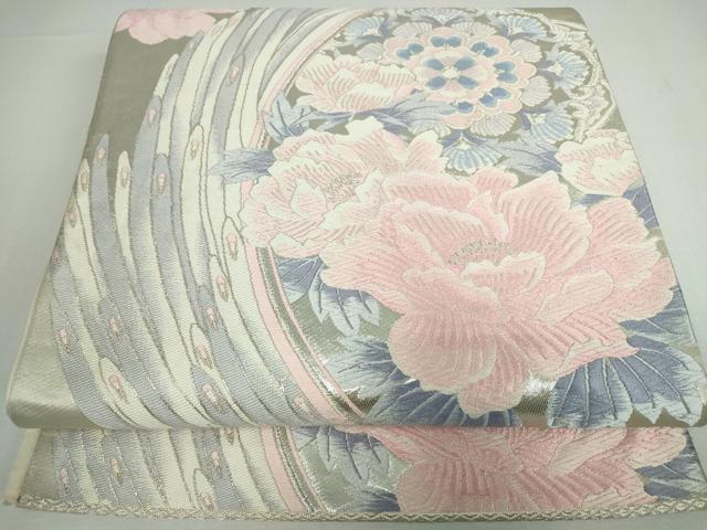 平和屋着物◎六通柄袋帯 唐織 牡丹孔雀文 銀糸 正絹 逸品 DAAP3268ar