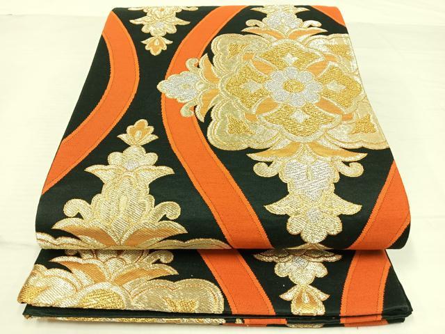 平和屋着物◎六通柄袋帯　立涌正倉院花文　黒地　金銀糸　正絹　逸品　AAAT6165yx