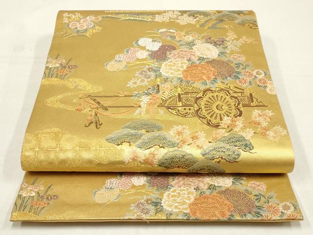 平和屋着物▼太鼓柄袋帯　遠山風景御所車草花文　松　金糸　正絹　逸品　AAAV0493wj