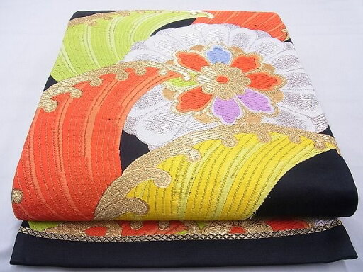 平和屋着物◎六通柄袋帯 唐織 立波花文 黒地 金銀糸 逸品 BAAF5427cm 平和屋着物◎六通柄袋帯 唐織 立波花文 黒地 金銀糸 逸品 BAAF5427cm