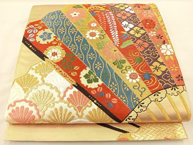 平和屋着物◎六通柄袋帯 唐織 彩重桧扇文 手引箔 金糸 正絹 逸品 BAAM2115if