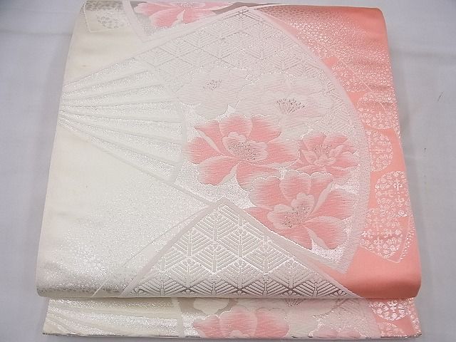 平和屋着物◎六通柄袋帯 唐織 扇面花文 銀糸 逸品 BAAF5709fk